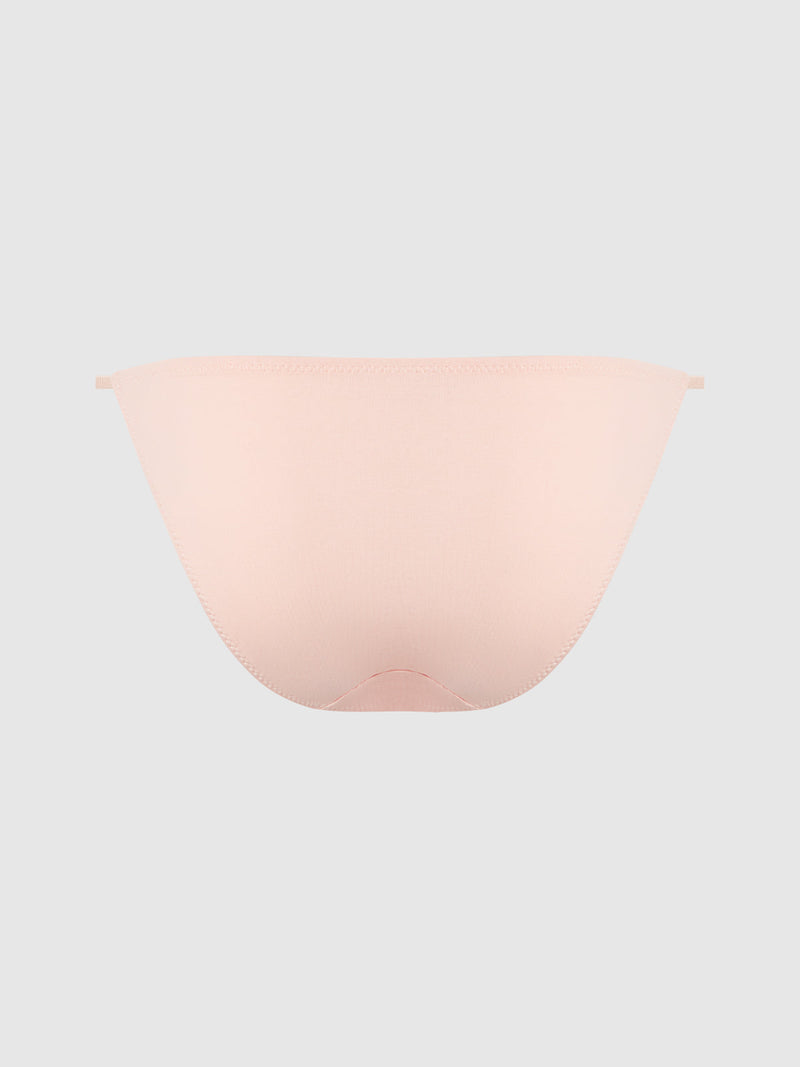 The Bailey Stretch Cotton Bikini by Frederick's of Hollywood is shown flat against a light gray background, featuring a seamless, light pink design with thin sides and a smooth, curve-hugging fit.