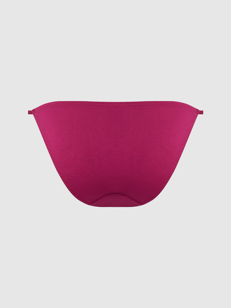 The Frederick's of Hollywood Bailey Stretch Cotton Bikini in magenta, featuring side sliders, is displayed flat on a light gray background to showcase its comfortable bikini-style front.