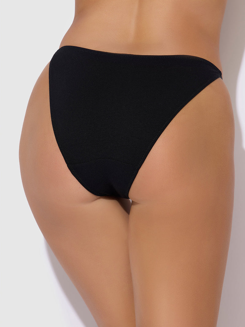 A close-up of a person wearing Frederick's of Hollywood Bailey Stretch Cotton Bikini, shown from the back against a plain light background.