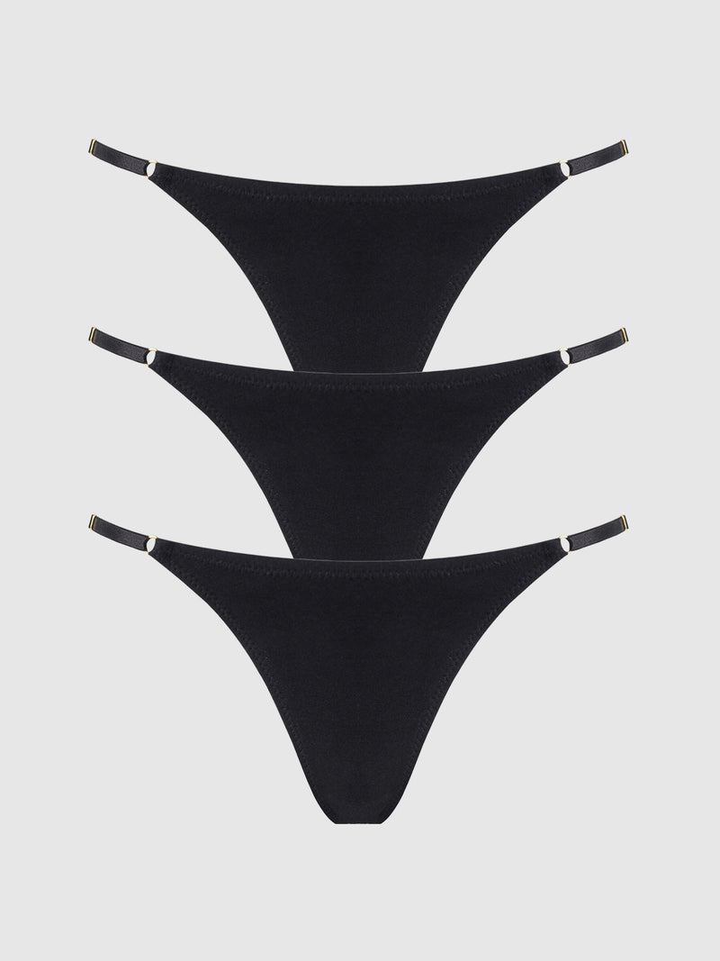 Three Bailey Stretch Cotton Bikini underwear by Frederick's of Hollywood are stacked vertically on a plain light grey background. This 3 pack is known for its curve-hugging fit and comfort.
