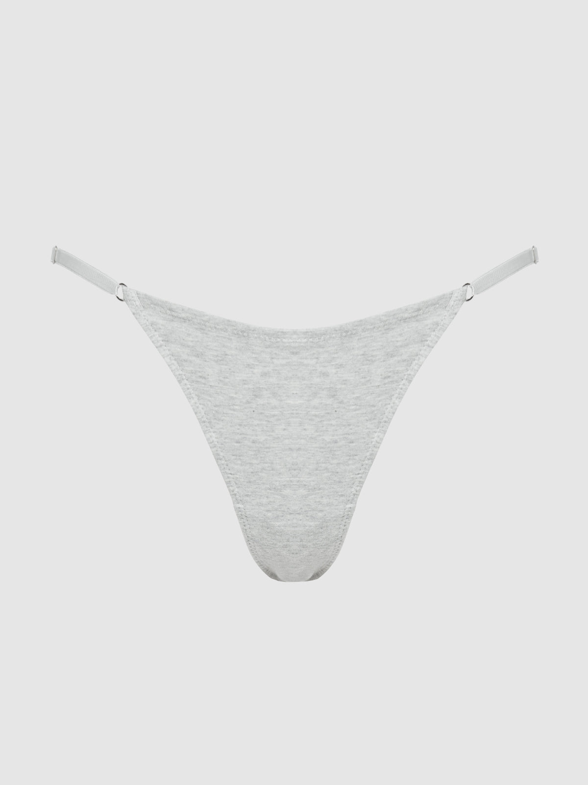 The Bailey Stretch Cotton Bikini by Frederick's of Hollywood is a light gray, curve-hugging thong-style underwear with thin adjustable side straps, shown against a plain white background.