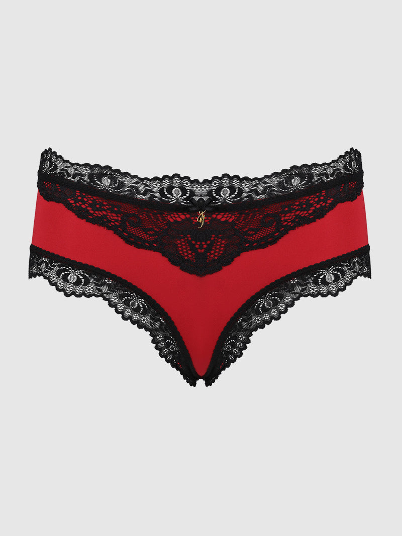 The Jenna Micro & V-Front Lace Hipster by Frederick's of Hollywood is a red women's satin underwear with black lace trim, a strappy back, and a small front bow for an elegant, feminine look.
