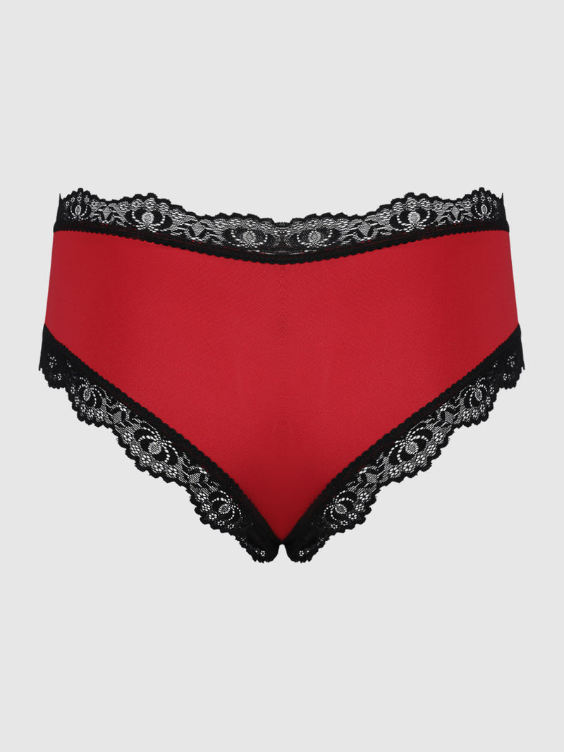 The Jenna Micro & V-Front Lace Hipster by Frederick's of Hollywood is a red, high-waist women's underwear in liquid satin with black lace trim on the waistband and leg openings, shown against a plain white background.