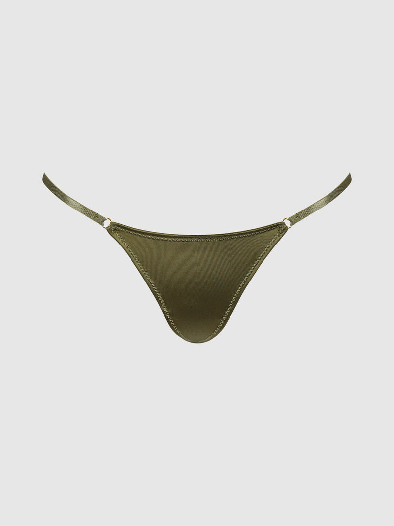 Rising Star Liquid Satin Mini G-String by Frederick’s of Hollywood in olive green, featuring thin adjustable side straps, displayed on a plain light background.