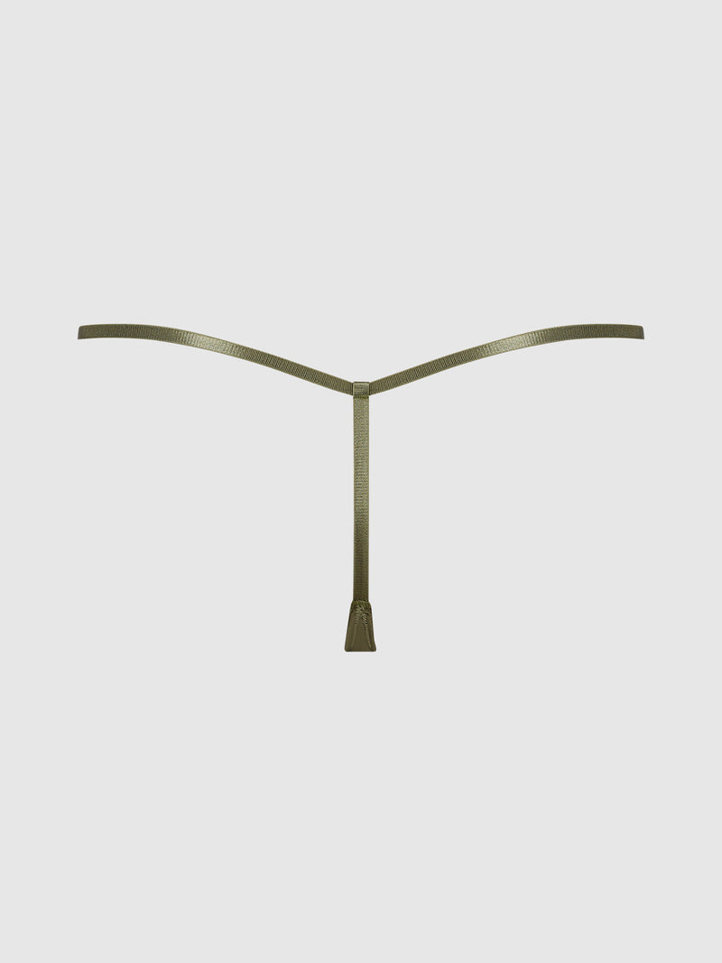 Frederick’s of Hollywood Rising Star Liquid Satin Mini G-String in olive green, featuring a minimalist Y-shaped design with a single vertical center strap and two upward-sloping side straps, displayed against a plain light gray background.