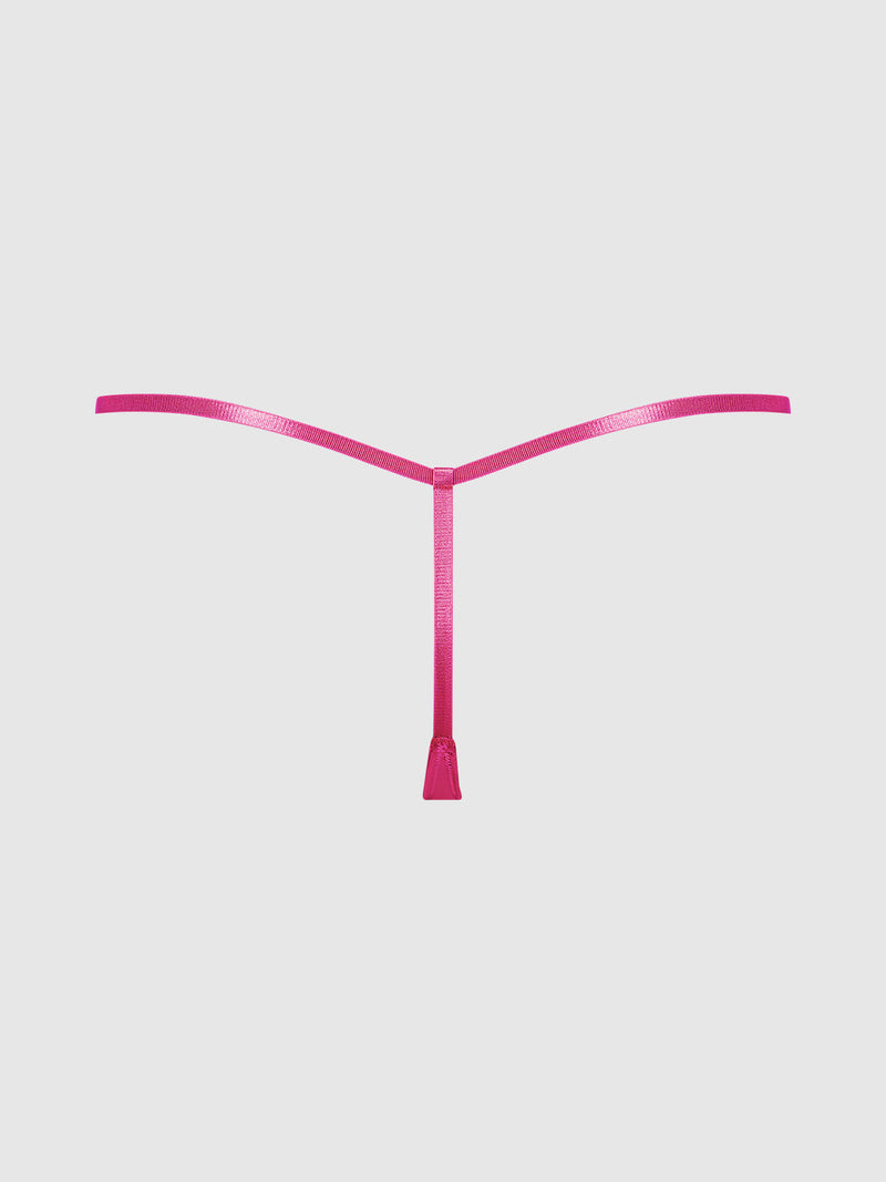 The Frederick’s of Hollywood Rising Star Liquid Satin Mini G-String, featuring a sleek minimalist design in vibrant hot pink, is displayed flat against a light gray background.