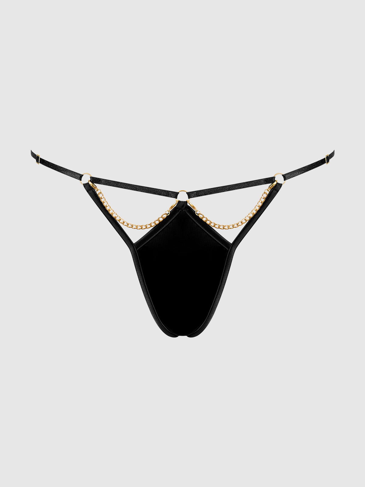 The Emery Liquid Satin & Chain G-String by Frederick's of Hollywood features thin straps, metal ring accents, and a gold detachable chain, showcased against a plain light gray background.