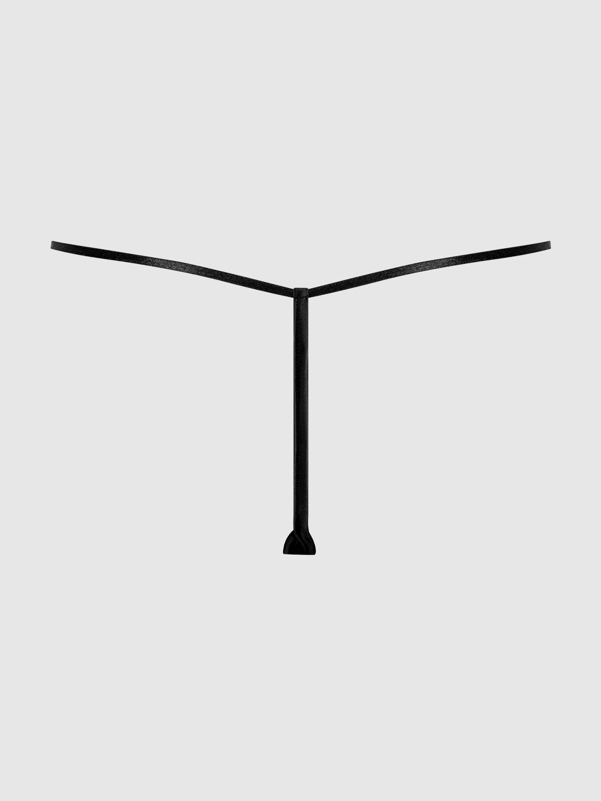 The Emery Liquid Satin & Chain G-String by Frederick's of Hollywood features a single black line that splits into two angled branches in a Y-shape, set against a plain light gray background.