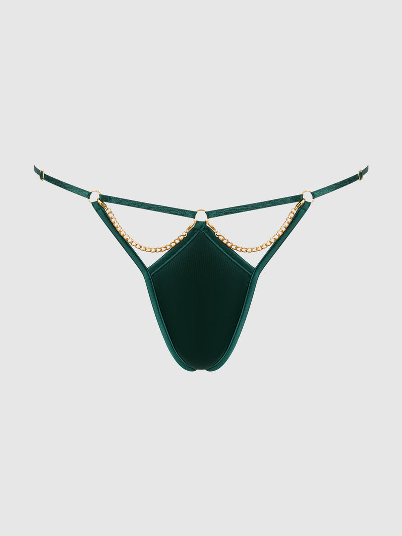 The Emery Liquid Satin & Chain G-String by Frederick's of Hollywood features dark green satin, thin straps, gold ring accents, and detachable chains at the front. Displayed on a plain light gray background.