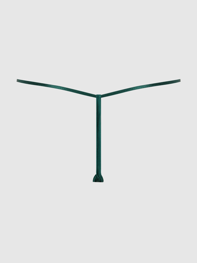 The Emery Liquid Satin & Chain G-String by Frederick's of Hollywood is a minimalist green piece with thin straps, displayed flat on a plain light gray background.