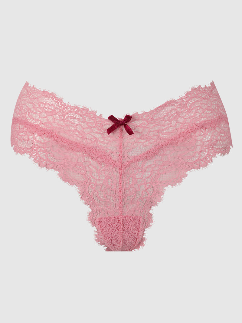 The Frederick's of Hollywood Lulu Lace V Front G-String features pink lace with scalloped edges, a dark red bow at the front center, and minimal back coverage, shown on a plain light background.