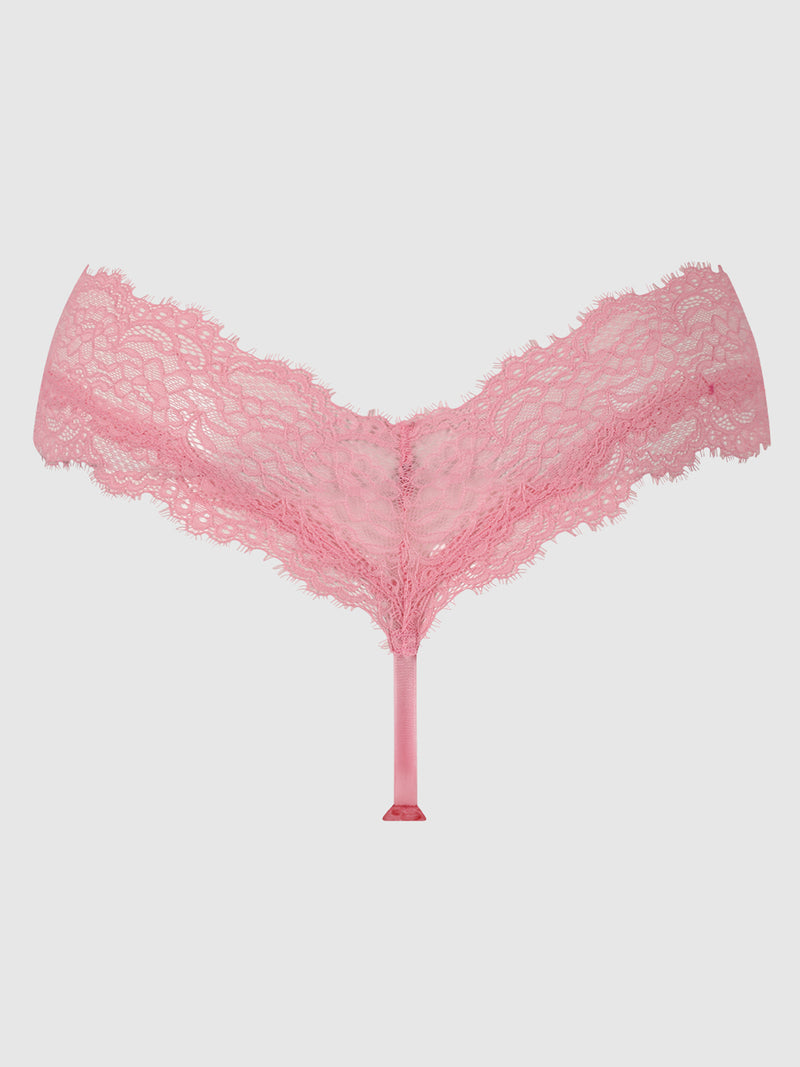The Lulu Lace V Front G-String by Frederick's of Hollywood features pink floral lace, a thong design with a V-shaped waistband, and minimal back coverage, displayed against a plain white background.