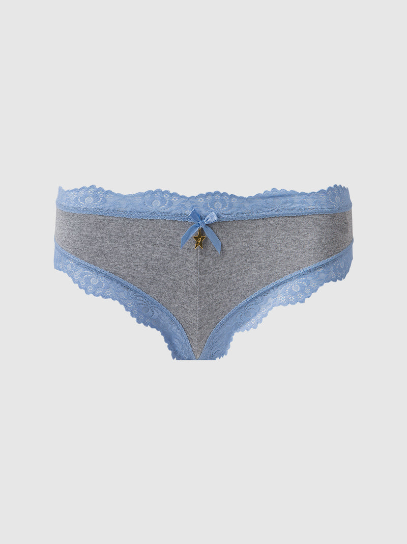 The Frederick's of Hollywood Jenna Micro G-String is gray women's underwear made of silky-soft fabric, with light blue lace trim at the waist and legs, a small blue bow, and a gold star charm on the front center. Plain white background.