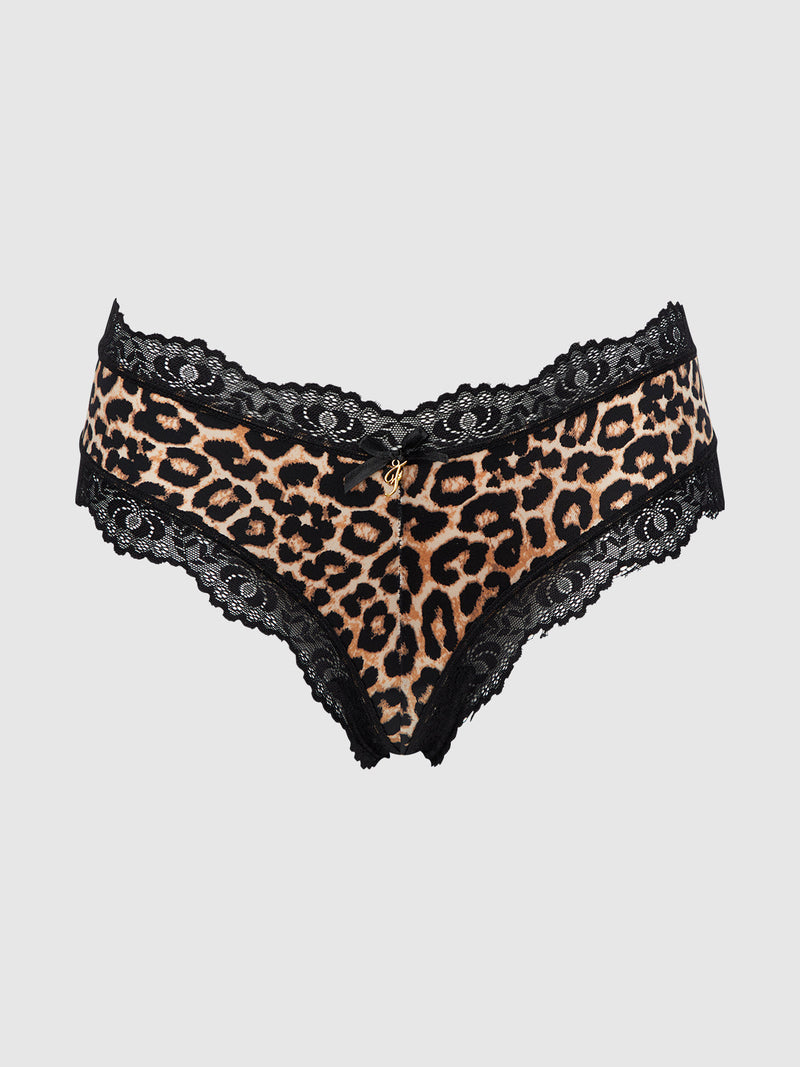 The Jenna Micro G-String by Frederick's of Hollywood features silky-soft microfiber in a leopard print with black lace trim at the waistband and leg openings, shown on a plain light background.