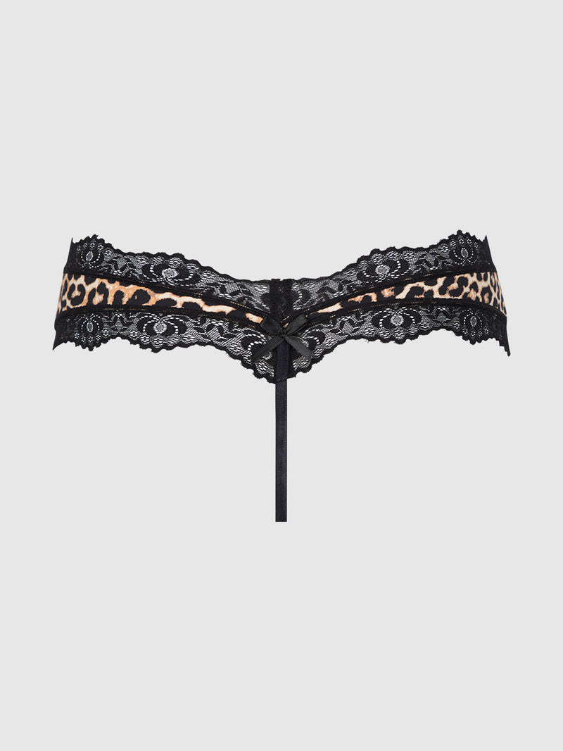 A lace and leopard print garter belt with black floral lace trim, silky-soft leopard-print band, a satin bow, and a hanging strap. Pair it with the Jenna Micro G-String by Frederick’s of Hollywood for extra allure.