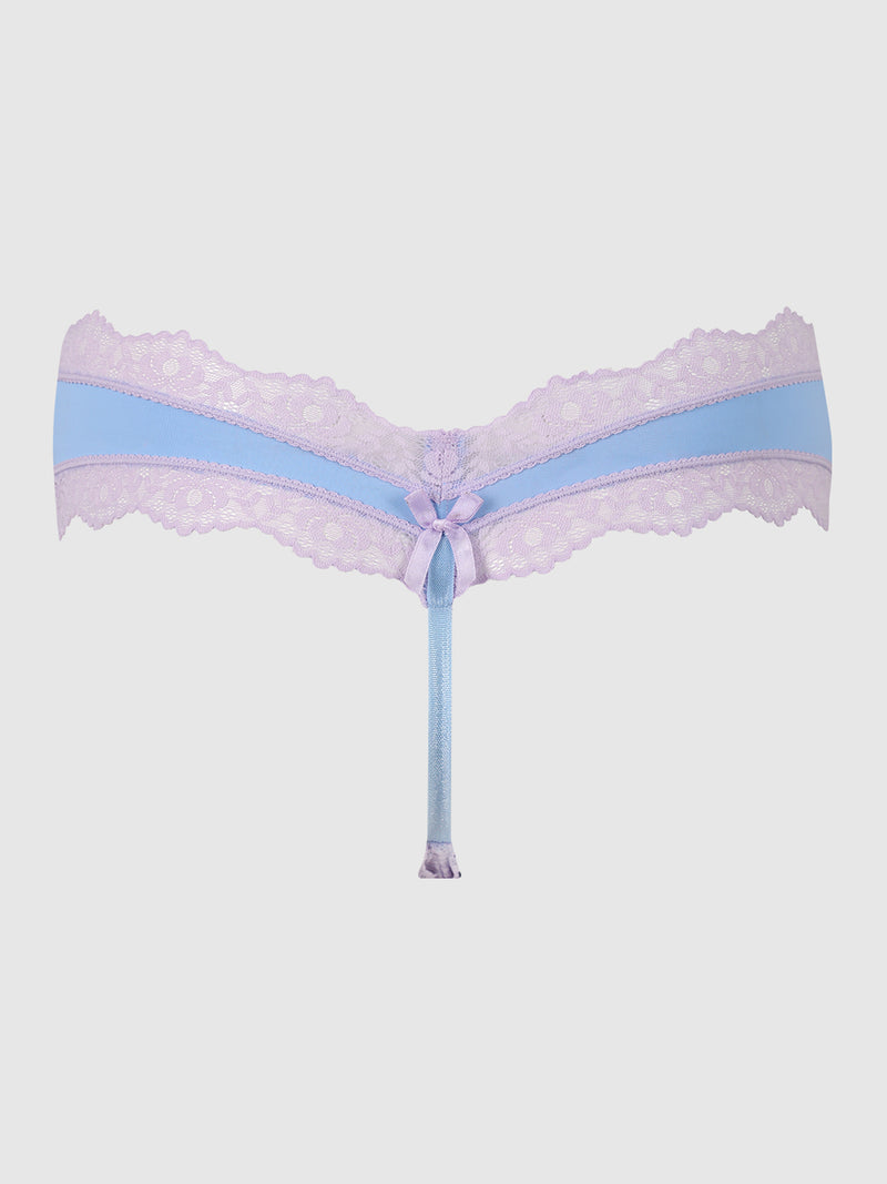 The Jenna Micro G-String by Frederick's of Hollywood features pastel blue and lavender floral lace, a satin bow at the front center, and silky-soft microfiber for comfort—all showcased on a plain white background.