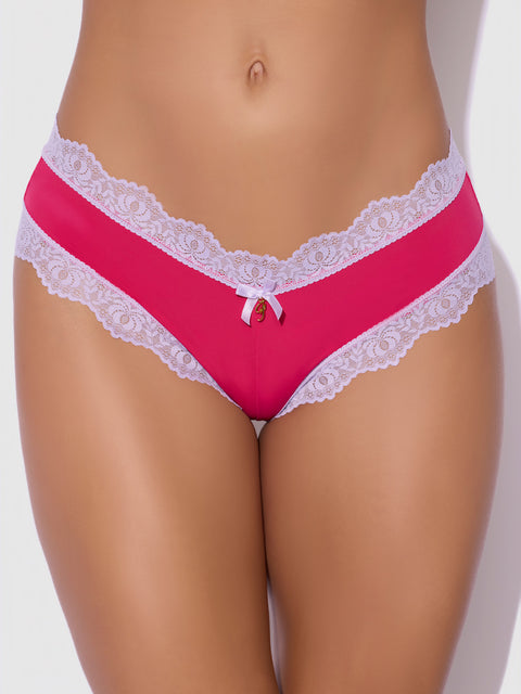 A person models the Frederick's of Hollywood Jenna Micro G-String, made from silky-soft microfiber with bright pink lace trim and a small center bow, shown waist to upper thighs against a plain background.