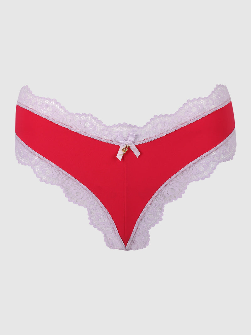 The Jenna Micro G-String by Frederick's of Hollywood is a red women's panty made from silky-soft microfiber, featuring white lace trim and a satin bow at the front, designed for a comfortable stretch, shown on a plain white background.