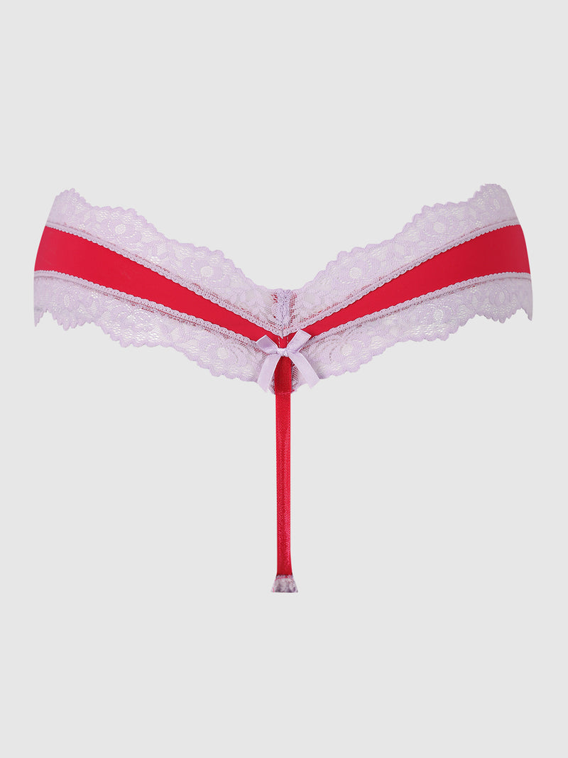 The Jenna Micro G-String by Frederick's of Hollywood features red and white stretch lace, a front center bow, a thin red strap, and is designed for comfort and a flawless fit.