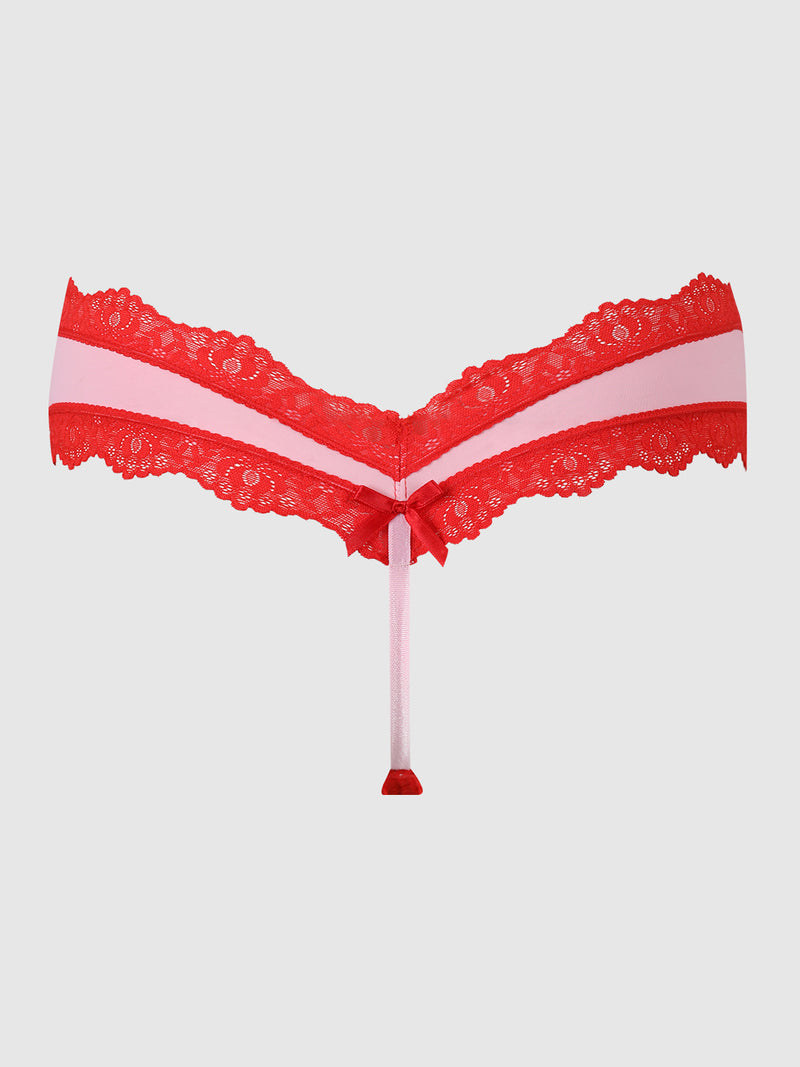 The Jenna Micro G-String by Frederick's of Hollywood is a red, silky-soft microfiber lace thong with a pink waistband and a small front bow, shown on a plain white background.