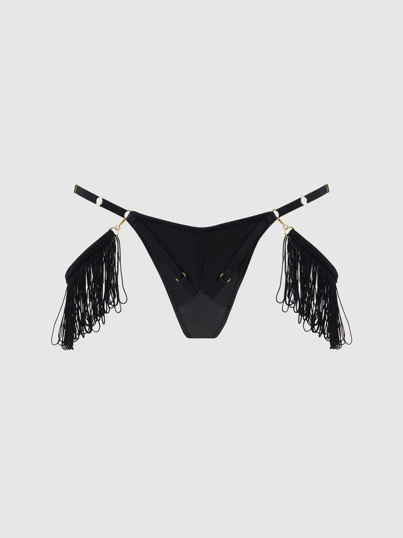 Hendrix Faux Leather With Detachable Fringe Thong - Frederick's of Hollywood