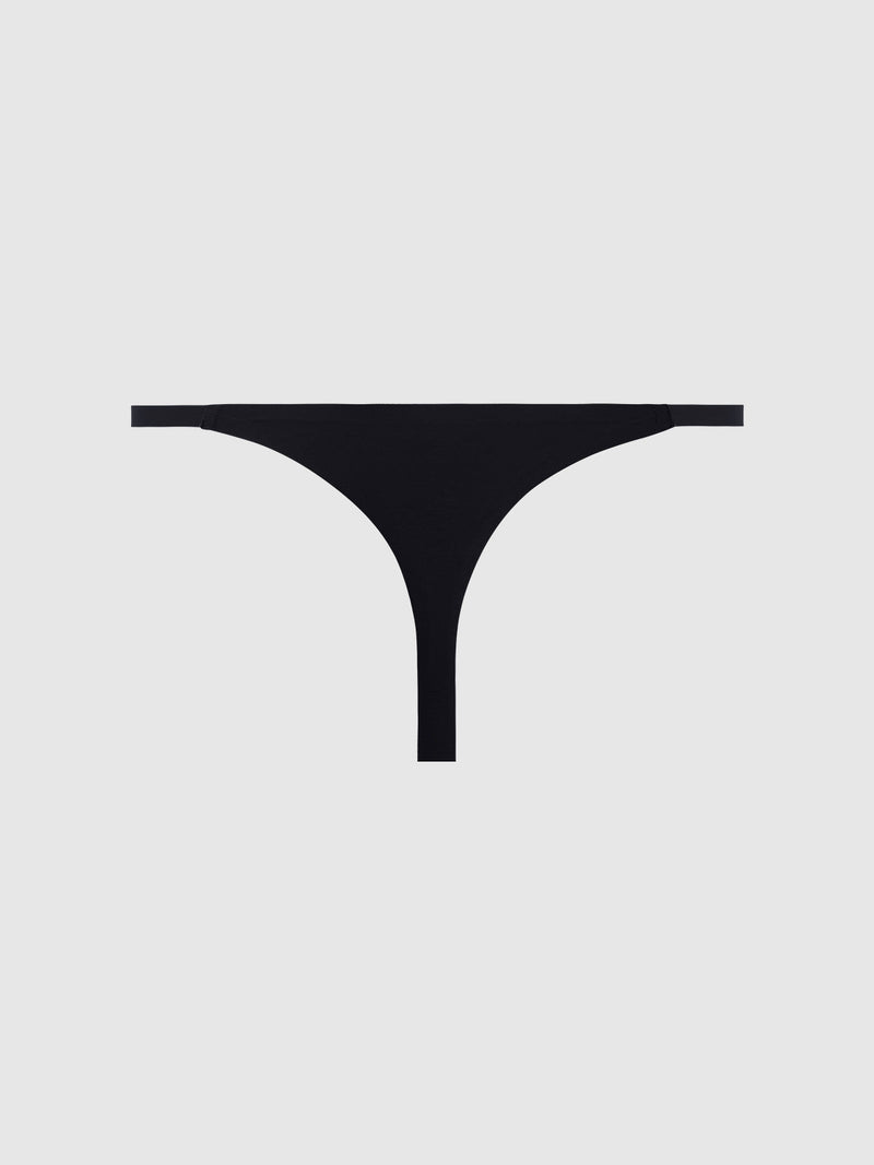 The No Show Mid Rise Thong by Frederick's of Hollywood, shown on a light gray background, is a sleek black underwear that's ideal for everyday wear.