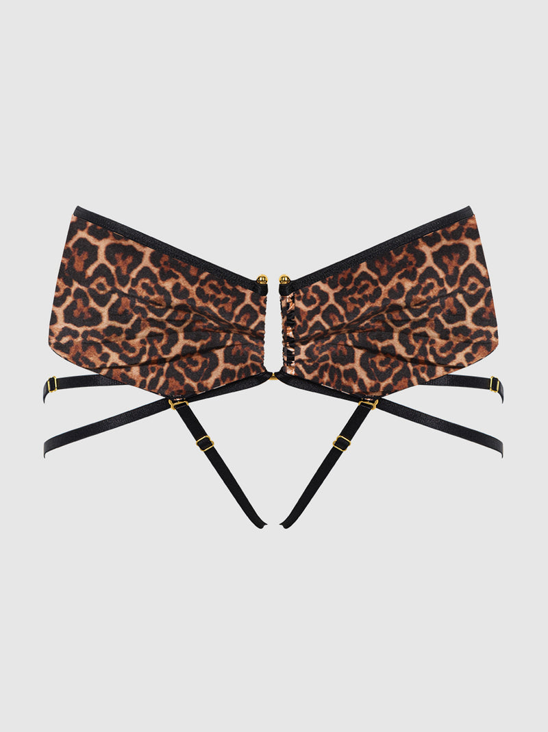 Leopard print bralette with ruched cups, gold center accents, and black adjustable shoulder and side straps displayed on a plain light gray background, perfectly paired with the Frederick’s of Hollywood Raven Crotchless & Strappy U-Hook Panty for an alluring lingerie set.