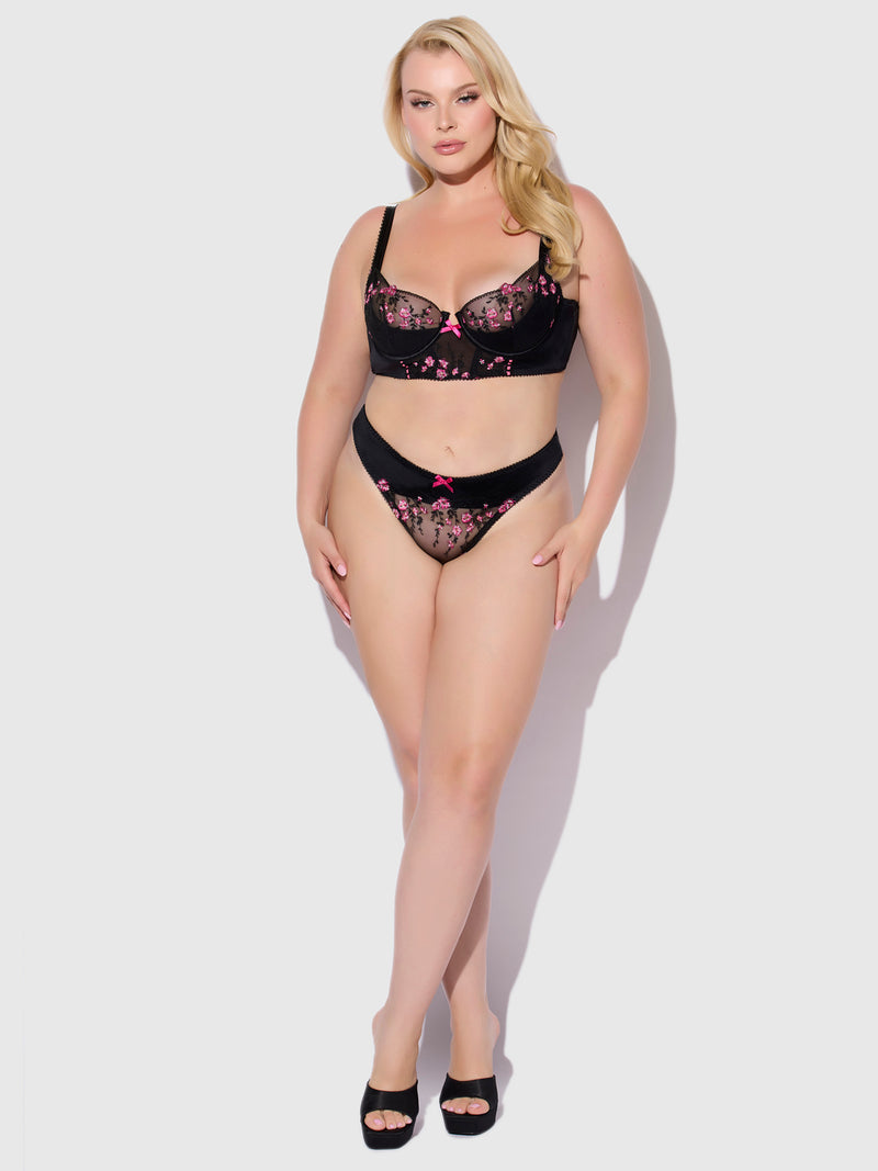 Harlow Embroidered Mesh & Satin Thong - Frederick's of Hollywood