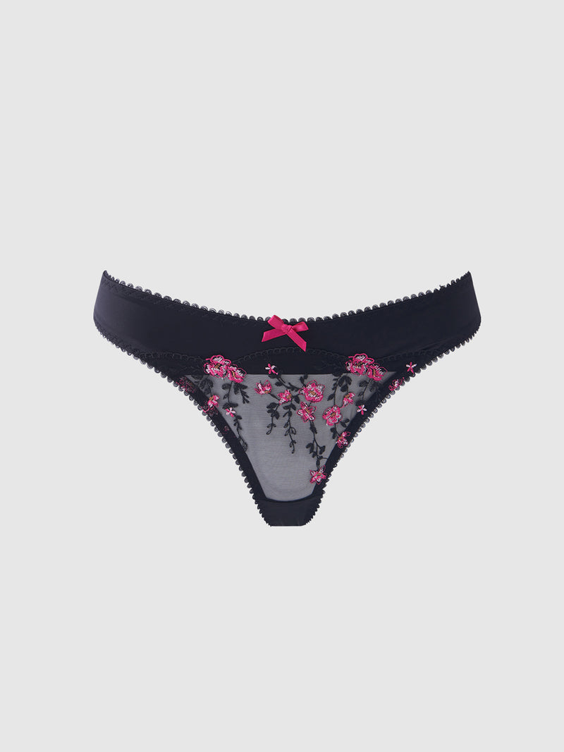 Harlow Embroidered Mesh & Satin Thong - Frederick's of Hollywood
