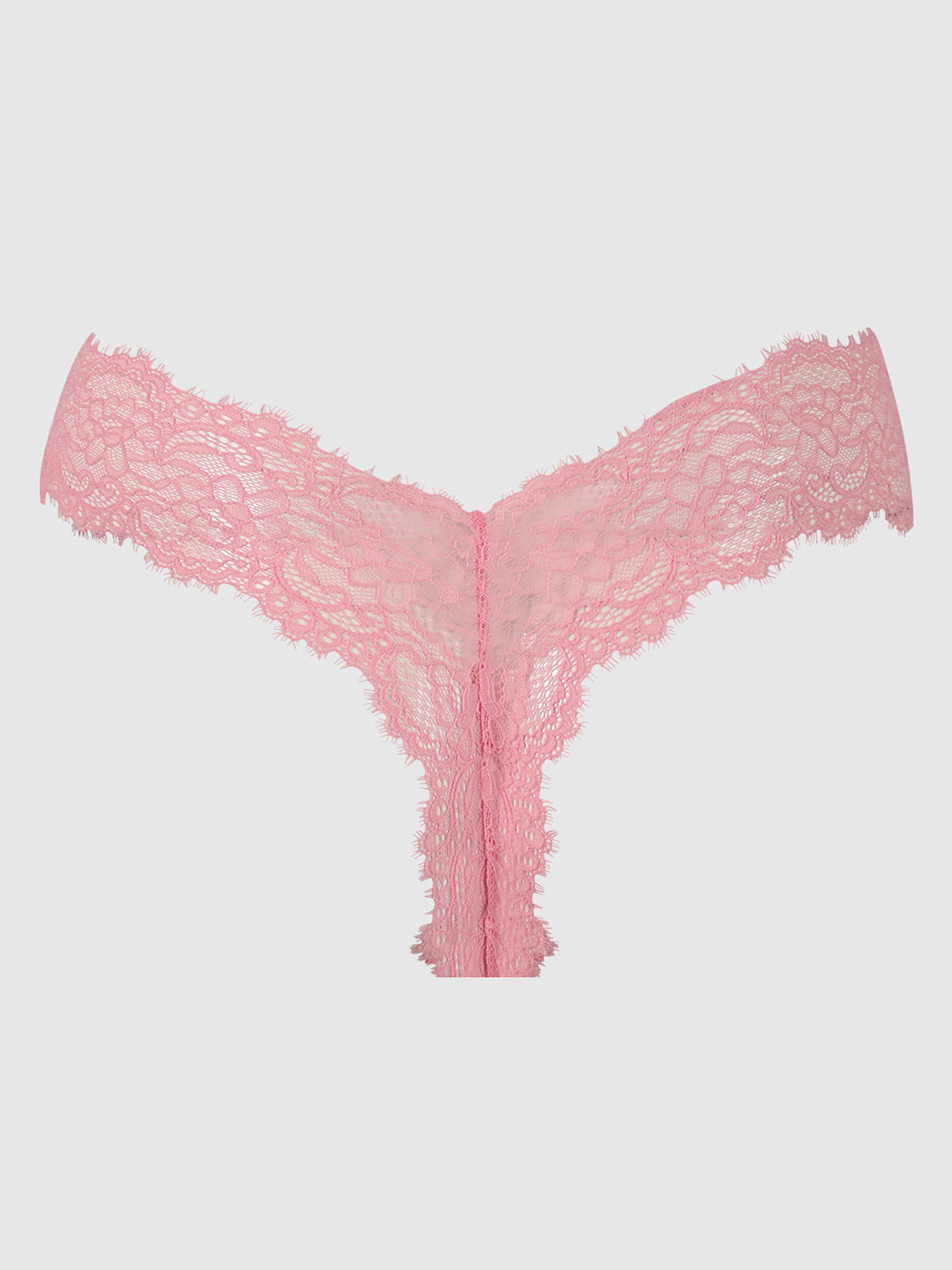 The Lulu Lace V-Thong by Frederick's of Hollywood features minimal back coverage and scalloped edges, shown in pink and displayed flat against a light gray background.