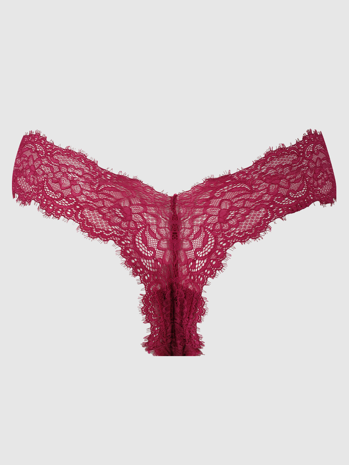 The Lulu Lace V-Thong by Frederick's of Hollywood is displayed flat on a light gray background, highlighting its magenta floral lace, scalloped edges, and minimal back coverage for a flattering fit.