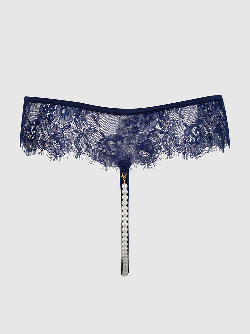 Navy blue Lilith Lace & Pearl Crotchless Thong featuring a single vertical strand of pearls down the front.