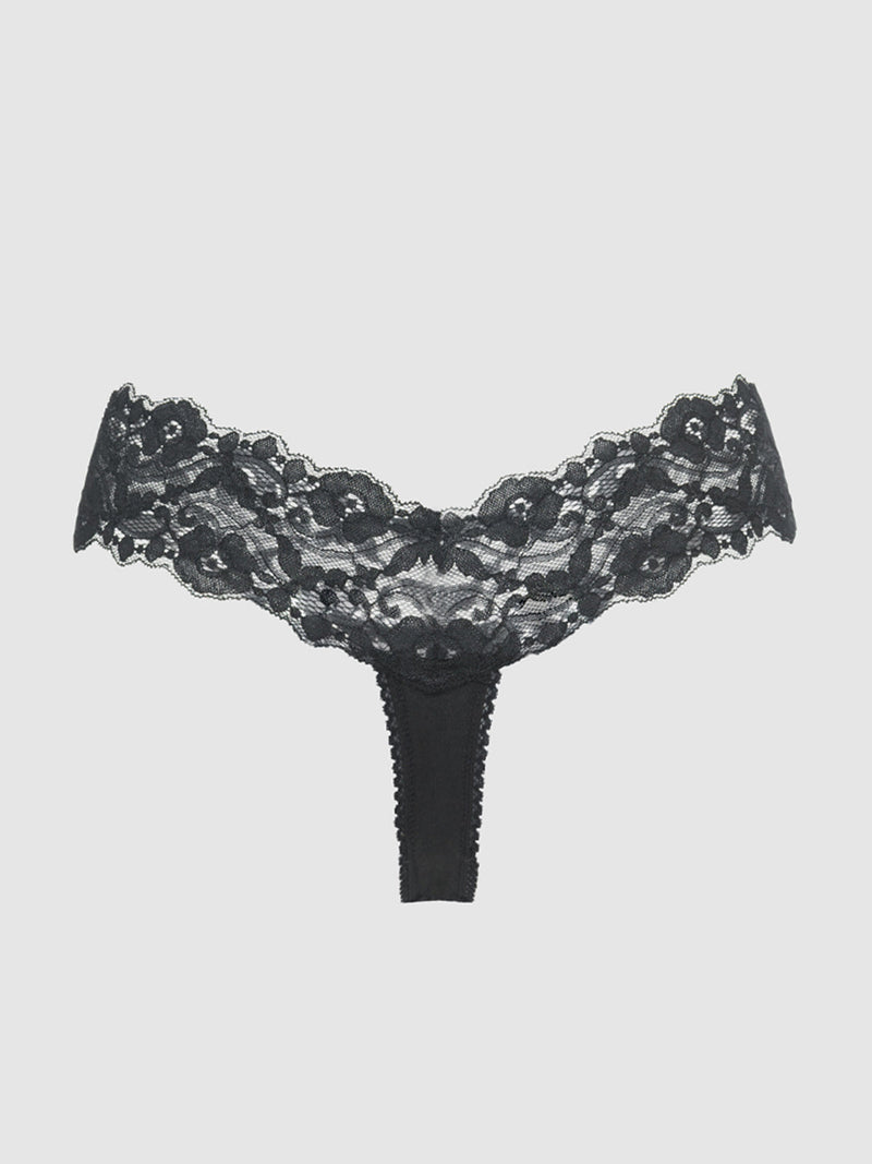 The Bridget Stretch Cotton & Lace Thong by Frederick's of Hollywood features a floral lace waistband and minimal coverage, shown against a white background—an essential addition to your intimate basics collection.