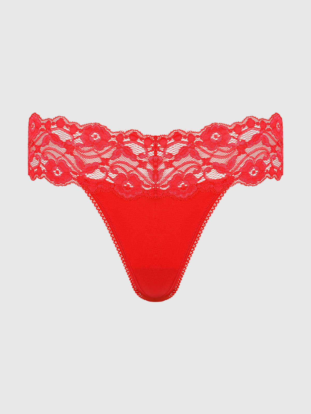 Bridget Stretch Cotton & Lace Thong by Frederick's of Hollywood, featuring a floral lace waistband and solid front panel, shown on a plain white background.