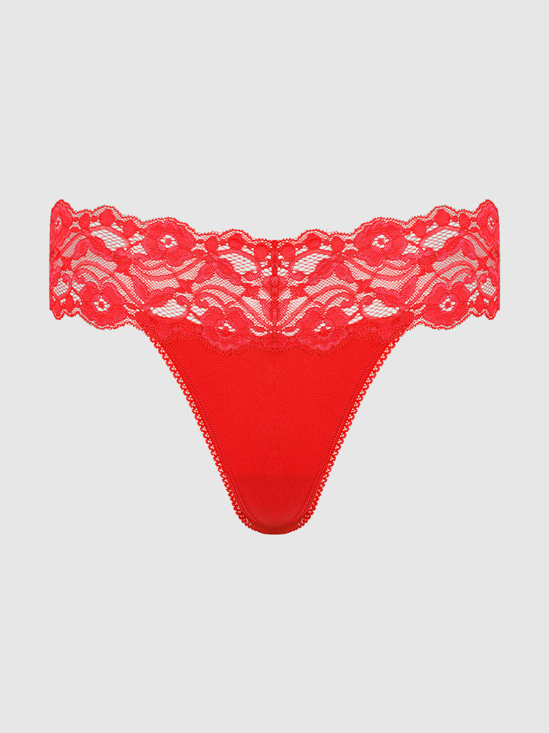 Bridget Stretch Cotton & Lace Thong by Frederick's of Hollywood, featuring a floral lace waistband and solid front panel, shown on a plain white background.