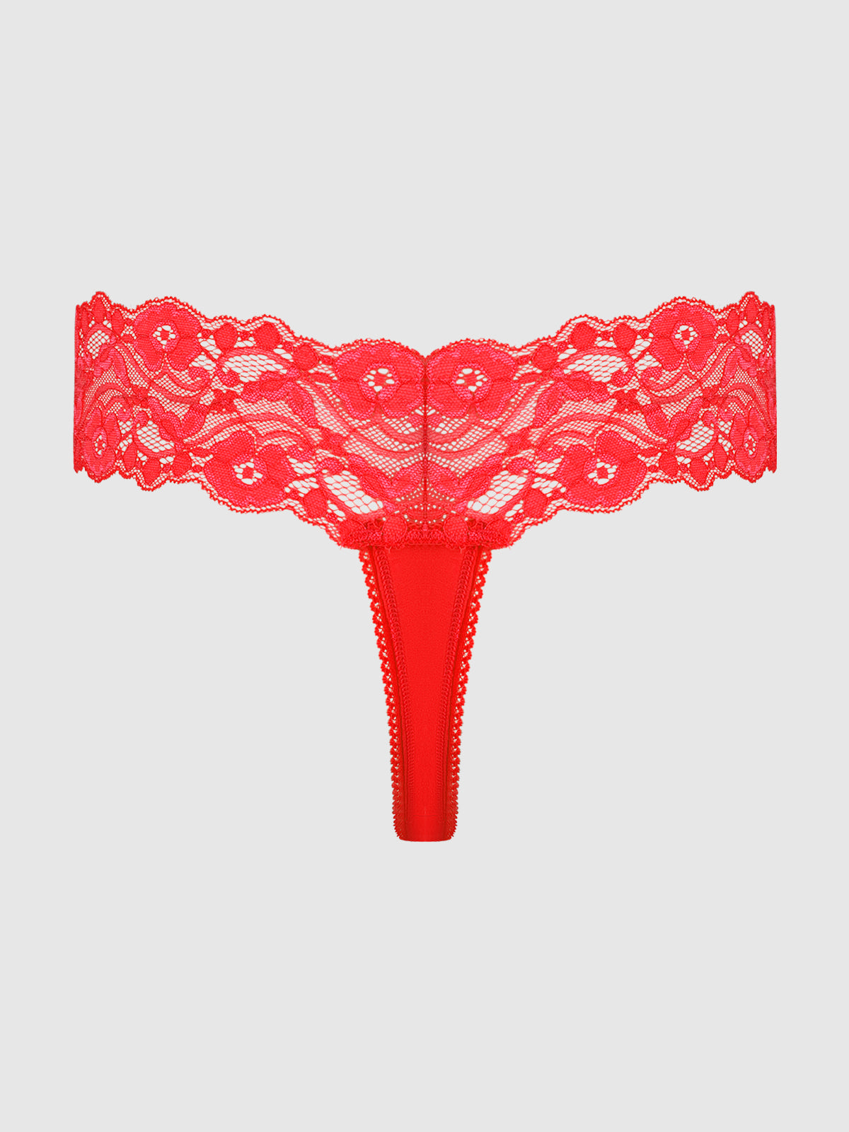 The Bridget Stretch Cotton & Lace Thong by Frederick's of Hollywood features a wide floral lace waistband and minimal coverage, displayed on a plain light gray background.