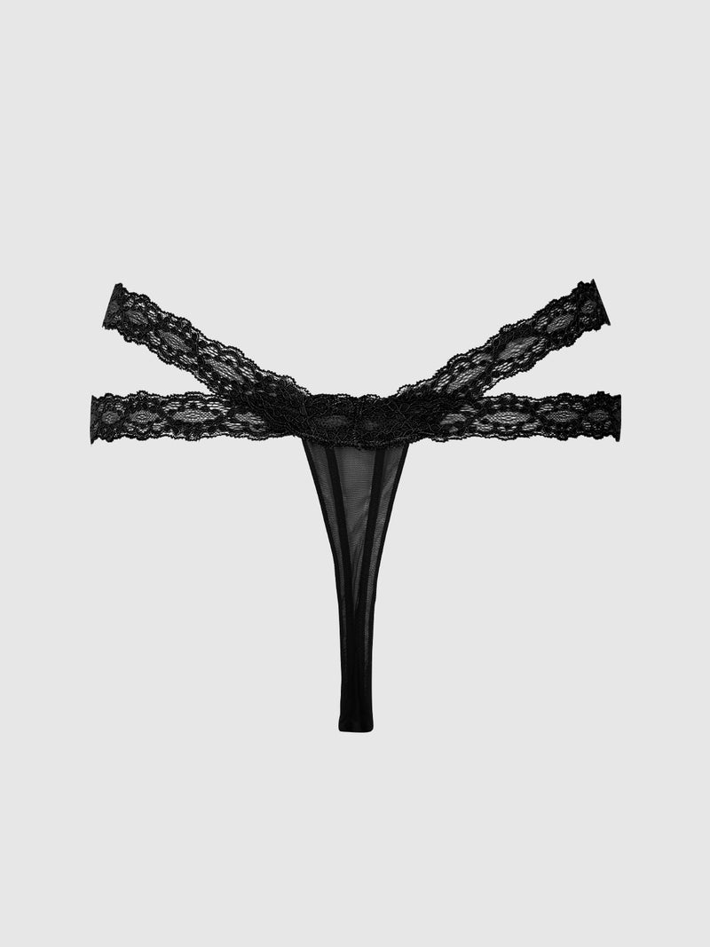 The Stella Mesh & Lace Double Band Thong by Frederick’s of Hollywood, featuring delicate black lace and a double waistband detail, is displayed on a plain light gray background.