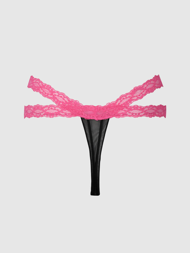 The Stella Mesh & Lace Double Band Thong by Frederick’s of Hollywood, featuring two bright pink lace straps, is displayed on a plain light gray background.