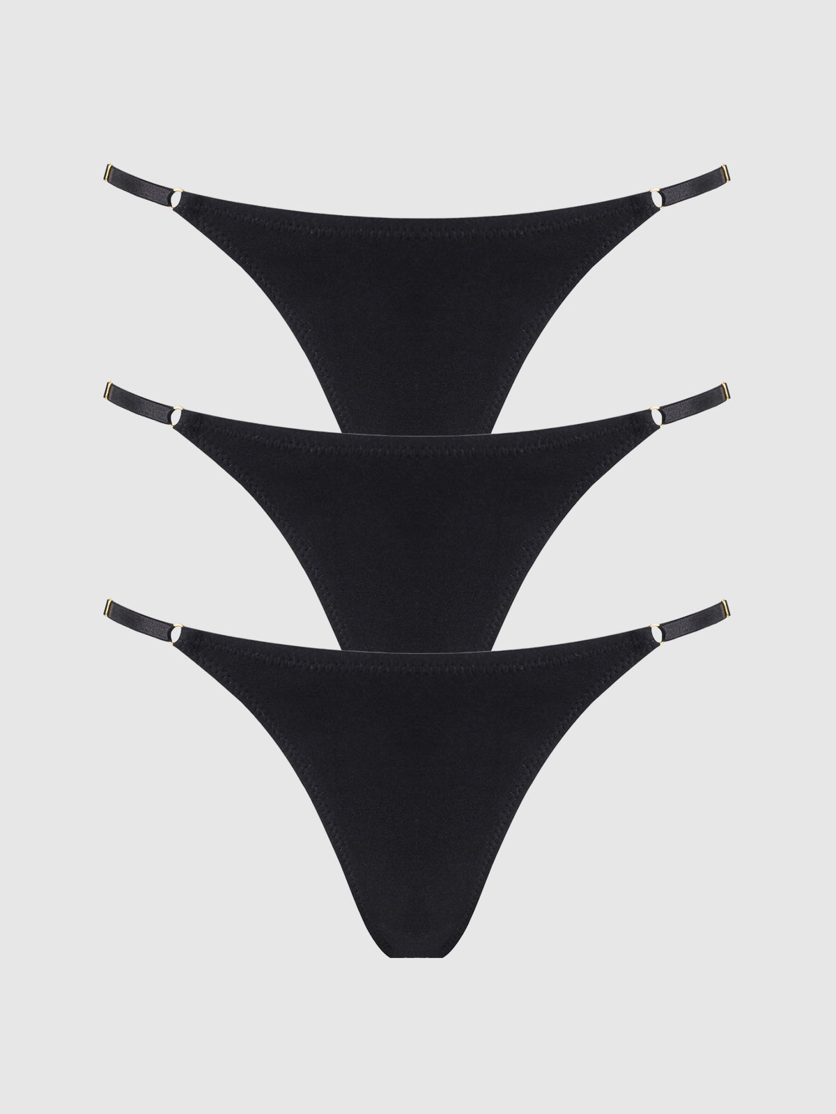 The Bailey Stretch Cotton Thong 3 Pack by Frederick's of Hollywood features three black cotton thongs with thin side straps, stacked vertically against a plain background—an essential classic for any underwear collection.