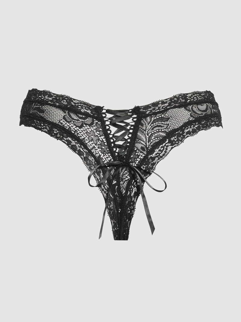 Hannah Lace & Lace Up Back Thong - Frederick's of Hollywood