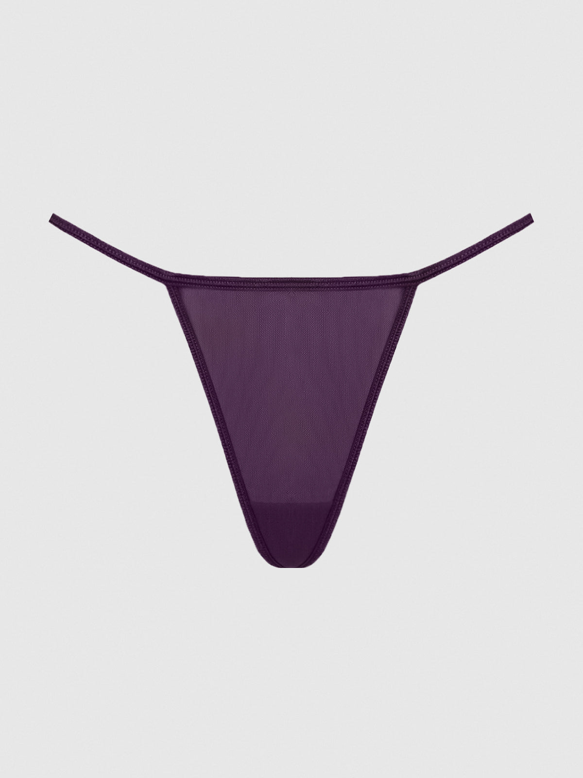 The Frederick's of Hollywood Mesh G-String features sheer deep purple mesh and thin elastic waistband straps, capturing classic allure. Displayed on a plain white background.