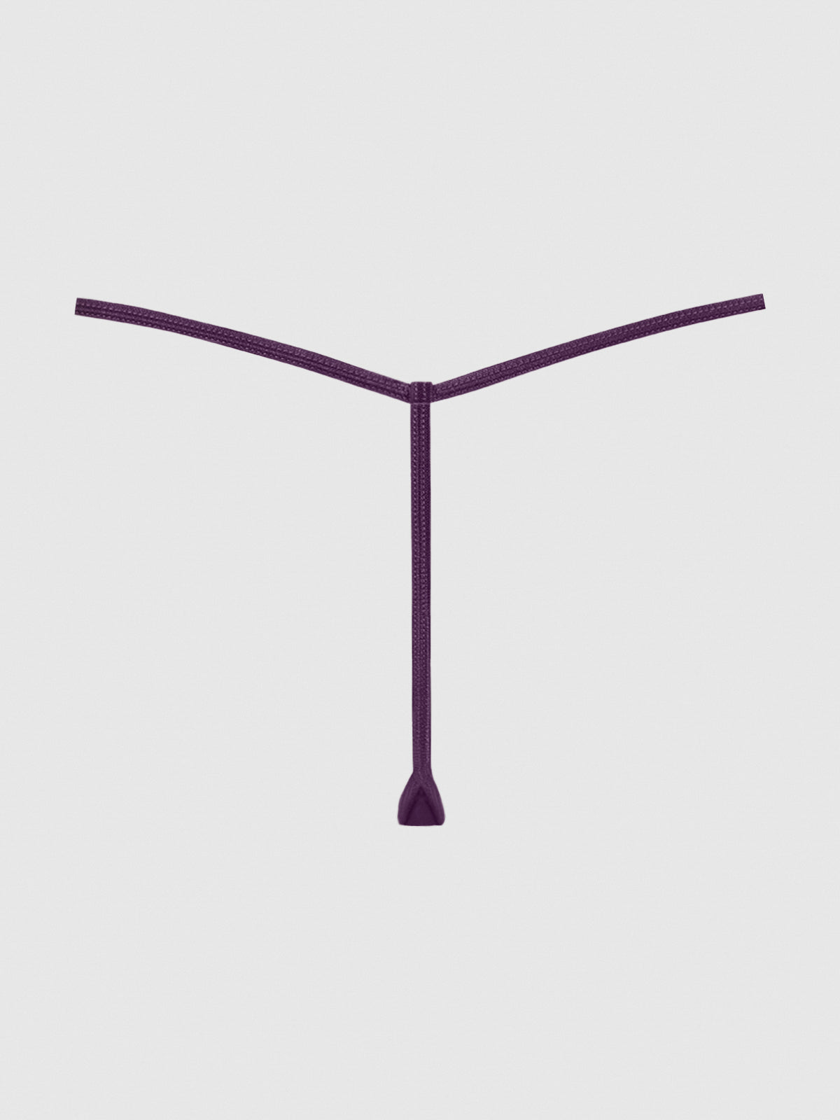 A purple zip tie rests on a white background with its ends spread in an upside-down Y shape, echoing the silhouette of the Mesh G-String from Frederick's of Hollywood.