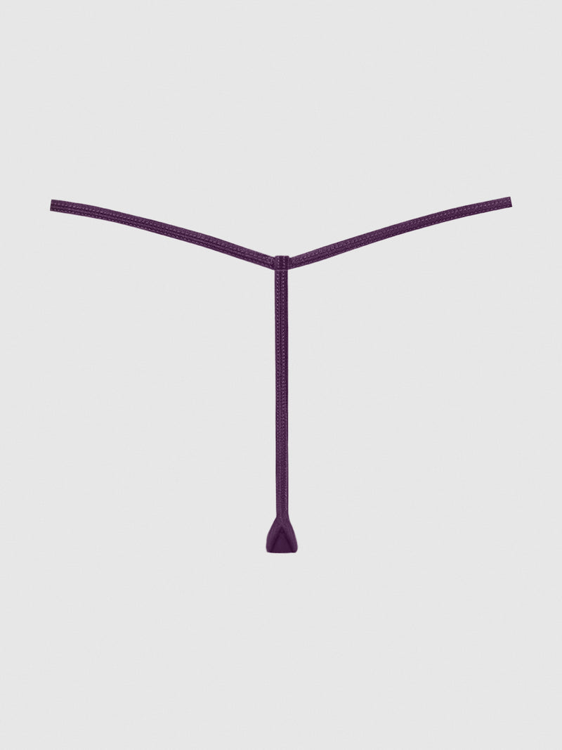 A purple zip tie rests on a white background with its ends spread in an upside-down Y shape, echoing the silhouette of the Mesh G-String from Frederick's of Hollywood.