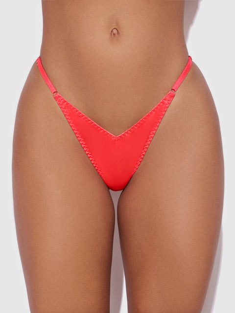 Red Petra Slider Side Satin Thong with a V-front and thin, adjustable side straps.