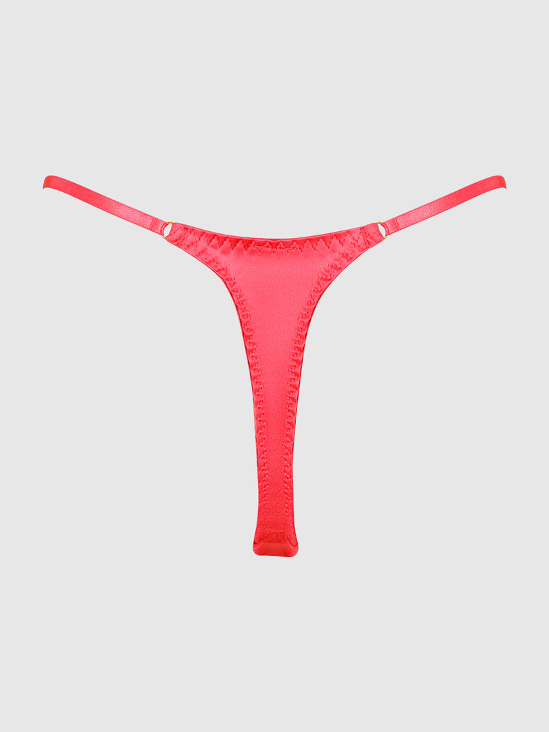 The Petra Slider Side Satin Thong by Frederick’s of Hollywood, featuring a vibrant red hue and thin side straps, is displayed on a plain light gray background.