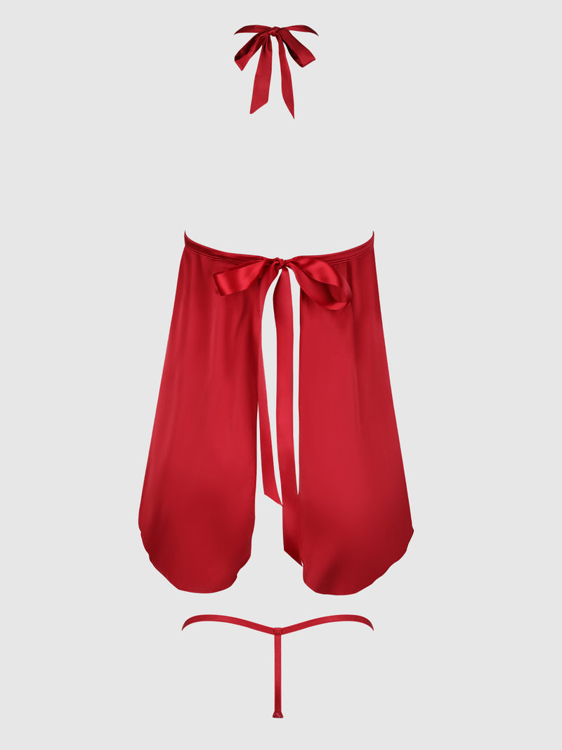 The Rosalind Lace & Satin Halter Neck Drop Off Babydoll by Frederick's of Hollywood is a three-piece red lingerie set with a bow choker, open-front skirt with waist bow tie, and matching thong, shown on a plain light background.