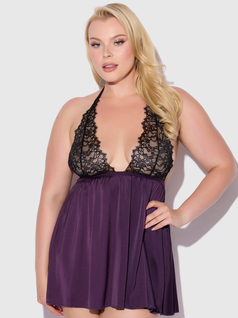 Rosalind Lace & Satin Halter Neck Drop Off Babydoll - Frederick's of Hollywood