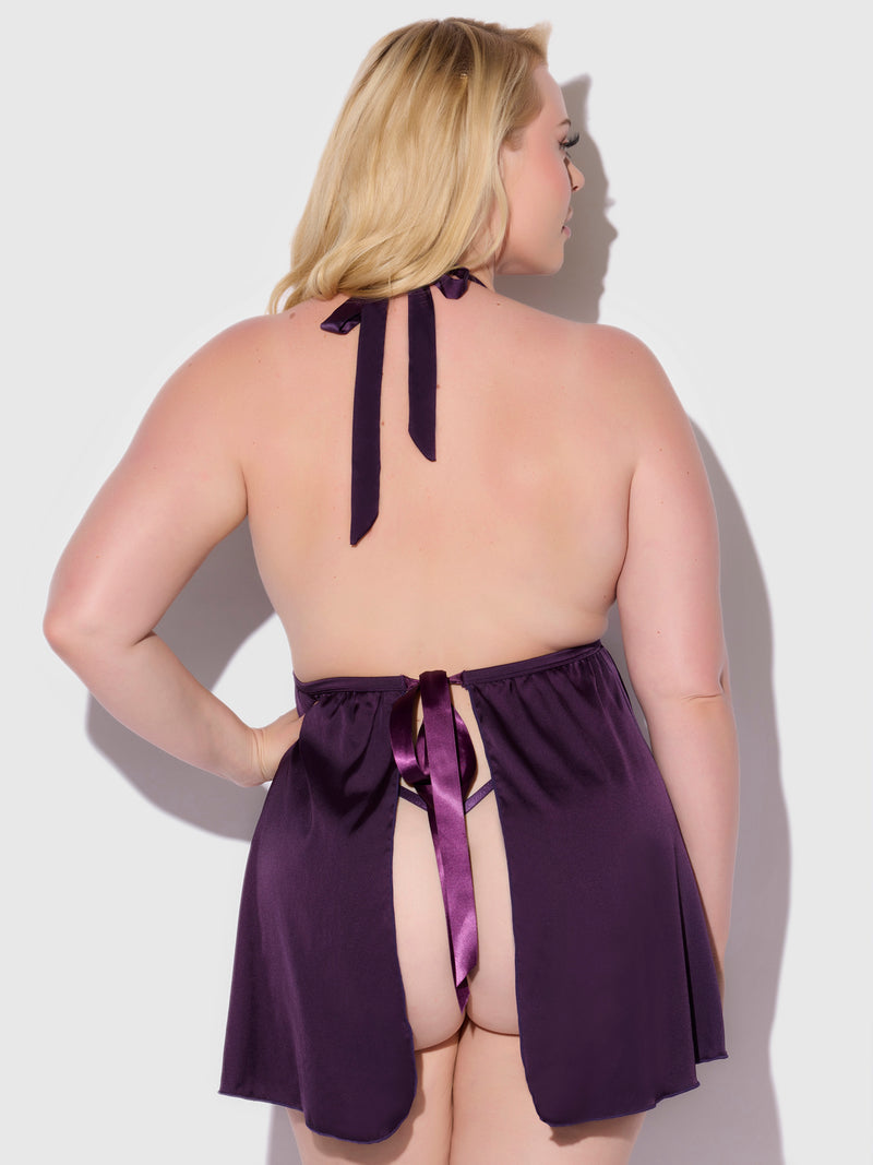 Rosalind Lace & Satin Halter Neck Drop Off Babydoll - Frederick's of Hollywood