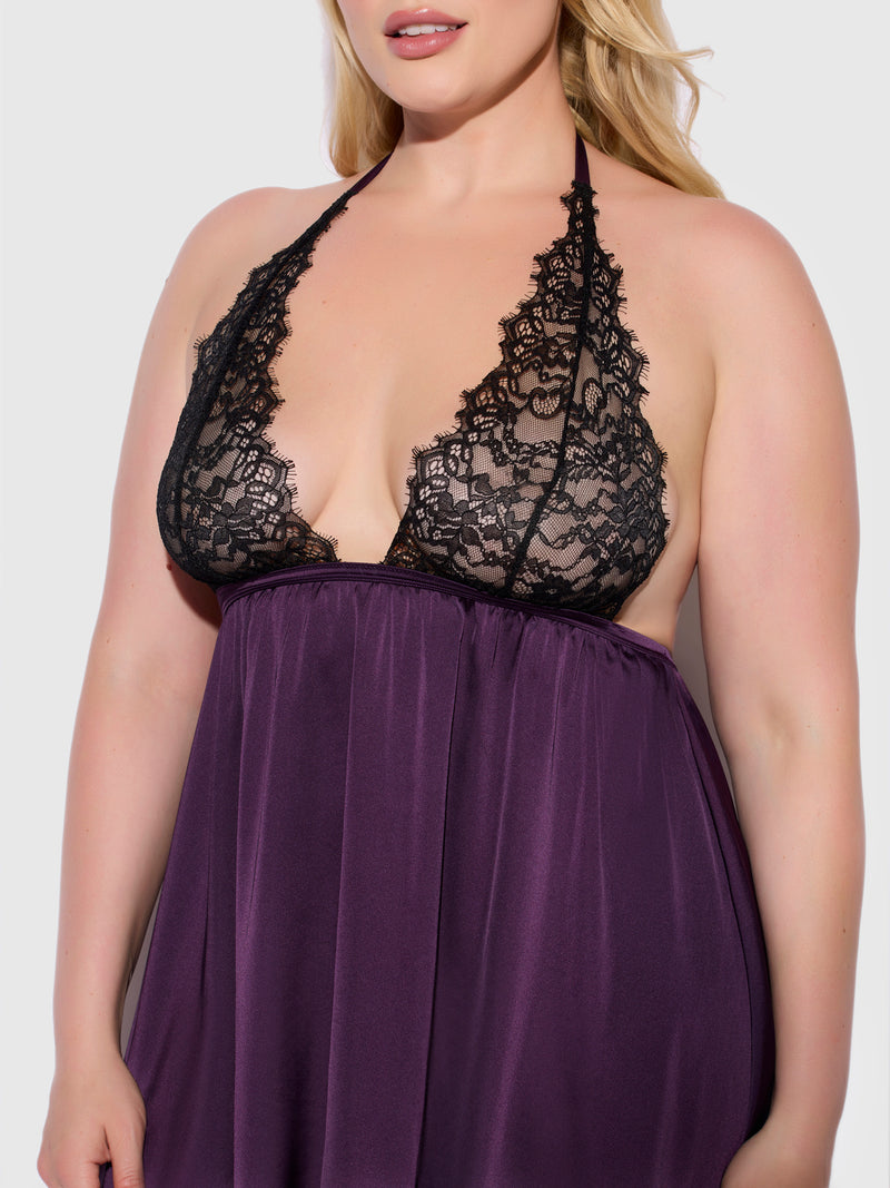 Rosalind Lace & Satin Halter Neck Drop Off Babydoll - Frederick's of Hollywood