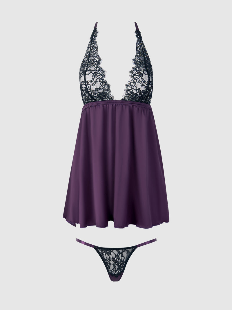 Rosalind Lace & Satin Halter Neck Drop Off Babydoll - Frederick's of Hollywood